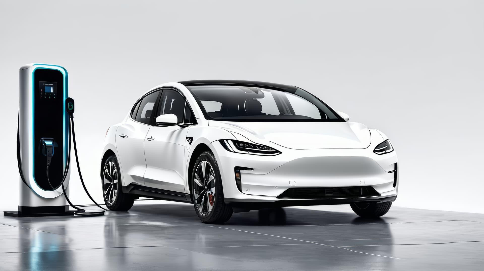 White Tesla connected to a charging station